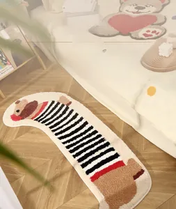 Detail of soft striped puppy bedside rug with high-density long-pile plush texture