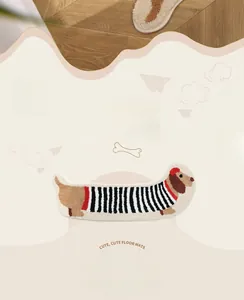 Detail of soft flocked dog shaped bedside rug featuring a cute dachshund in striped shirt