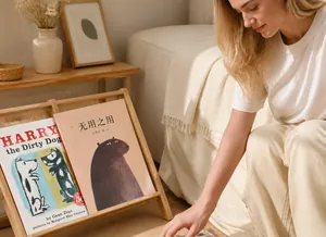 Detail of plush Capybara floor mat in a cozy children room with wooden bookshelves