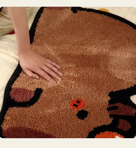 Close-up of soft plush Capybara rug showing thick fleece texture and hand pressing detail