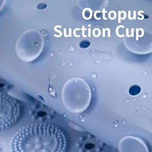 Non-slip light blue silicone bathroom massage mat with octopus suction cups and soft bristles