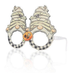 Halloween-Partybrille mit Mumien-Gnome-Motiv, kleinem Kürbis und Spinnendetails in Nahaufnahme