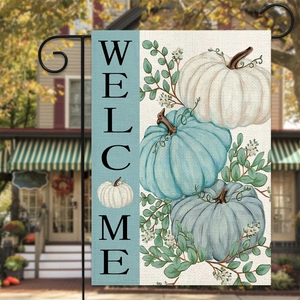 Bandera de jardín Welcome con calabazas y hojas de maple en tela de lino rústica