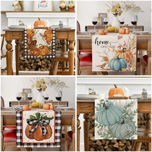 Autumn Thanksgiving Table Runner Pumpkin Maple Leaf Pattern Linen Look Kitchen Dining Room Decoration For Fall Holiday