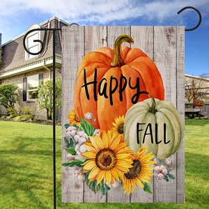 Bandera de jardín de otoño con calabaza y girasol y soporte de metal negro
