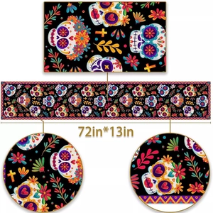 72x13 inch Halloween table runner with Mexican Day of the Dead colorful sugar skull prints