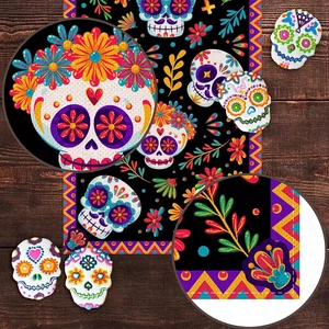 Close-up of Day of the Dead table runner showing sugar skull print and woven texture