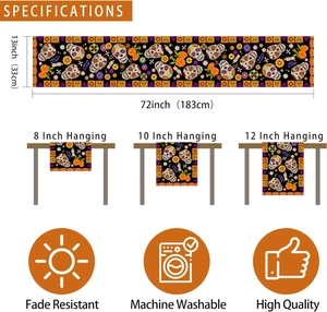 Detailed size guide for 13x72 inch Halloween skull table runner with hanging length options