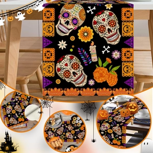 Detailed view of Halloween sugar skull table runner with ethnic floral patterns