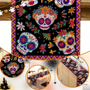 Detail of Halloween table runner with colorful skull print and purple zigzag edges