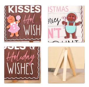 Detail view of gingerbread man wooden sign with glitter accents and folding back stand
