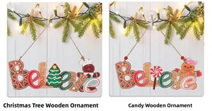 Detail of wooden Believe Christmas ornaments with gingerbread man and jute rope hanger