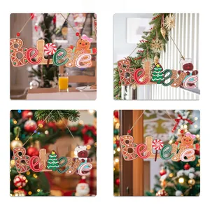 Christmas 'Believe' wooden sign displayed on festive trees and home holiday scenes