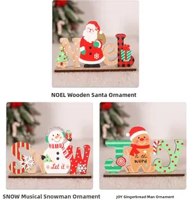 Three-tiered display of wooden Christmas figurines including Santa, Snowman and Gingerbread