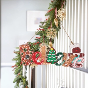 Christmas wooden Believe sign pendant with gingerbread man and pine tree decor