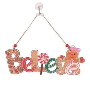 Wooden Christmas Believe gingerbread man hanging ornament with pink bow and candy cane details