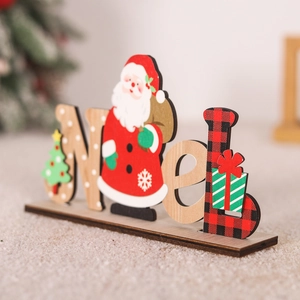 Detailed close-up of wooden Noel tabletop sign with Santa Claus and festive plaid patterns