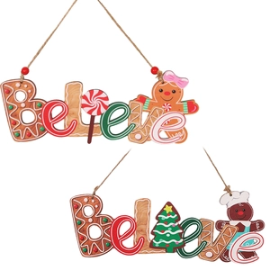 Christmas wooden Believe door hangers with gingerbread men and festive candy patterns