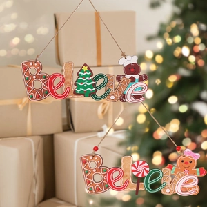 Christmas Wooden Believe Letter Hanging Ornament Gingerbread Man Christmas Tree Lollipop Holiday Party Home Wall Decoration