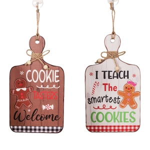 Wooden gingerbread man welcome signs with festive cookie patterns and rustic beads hanger