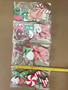 Detailed size measurement of four Christmas wooden ornaments with gingerbread man and gnome