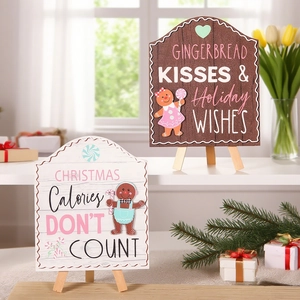 Christmas Wooden Gingerbread Man Table Decoration Sign With Tripod Stand Holiday Wishes Gingerbread Kisses Desktop Ornament