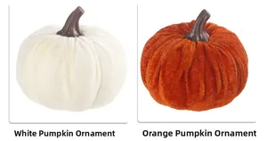 Detailed view of white and orange velvet pumpkins with realistic brown stems for decor