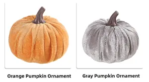 Detailed view of soft velvet faux pumpkins in orange and gray for autumn decor