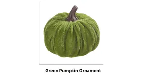 Detail of green velvet pumpkin ornament with realistic stem for autumn home decoration
