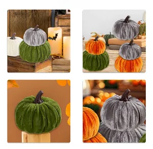 Dettaglio di zucche in velluto assortite con steli realistici per decoro autunnale