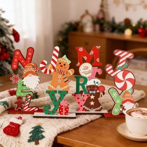 Wooden Christmas Tabletop Ornament Merry Joy Noel Sign Gingerbread Man Gnome Decoration For Home Office Holiday Desktop