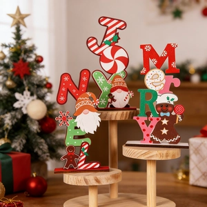 Three-piece wooden Christmas signs NOEL JOY MERRY with gingerbread man and gnome details