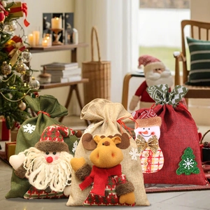 5-piece Christmas burlap gift bags featuring Santa, Reindeer and Snowman decorations
