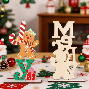 Christmas wooden tabletop decor featuring gingerbread man and laser cut Merry Joy signs