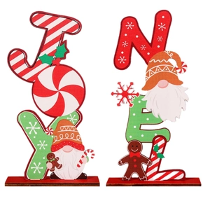 Christmas JOY and NOEL wooden gnome tabletop signs with gingerbread man festive decorations