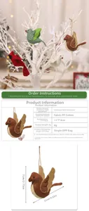 Close-up of colorful felt bird ornaments with size specifications and tree display