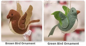 Detailed stitching on handmade felt bird hanging ornaments with natural wing patterns