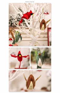 Close-up of four handmade felt bird ornaments in red, green, brown, and white with jute twine