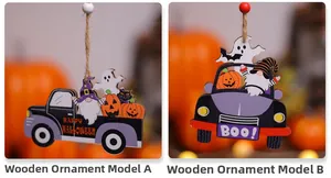 Detailed comparison of two wooden Halloween truck ornaments with gnomes and pumpkins