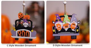 Close-up of Halloween wooden truck ornaments with pumpkin, black cat, and gnome motifs