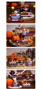 Gnome and pumpkin wooden truck ornaments hanging on branches for Halloween decor