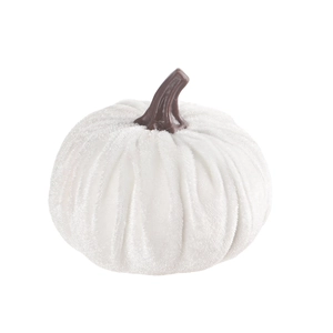 Modern white velvet pumpkin decorative ornament with realistic brown stem for fall holidays