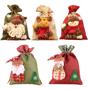 Lot de 5 sacs de Noël en toile de jute avec appliques 3D du Père Noël renne et bonhomme de neige