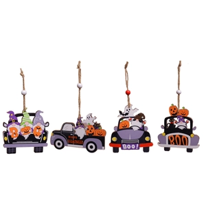 Set of 4 Halloween wooden gnome car ornaments with pumpkin, ghost, and black cat designs