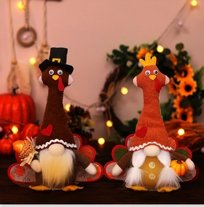 Detail of light-up Thanksgiving turkey gnomes with pilgrim hat and autumn harvest decor
