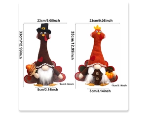 Detailed dimensions of Thanksgiving gnome figurines with turkey feathers and harvest items