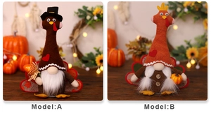 Detail view of Model A and B Thanksgiving gnomes with turkey hats and harvest props