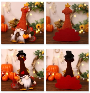 Close-up of Thanksgiving turkey gnomes with pilgrim hats and pumpkin decorations