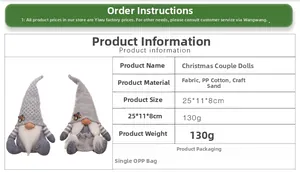 Detailed size and material specification chart for grey Christmas plush gnomes set