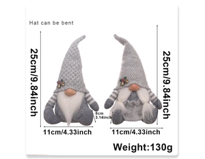 Detailed dimensions of gray plush Christmas gnomes with knit hats and white faux fur